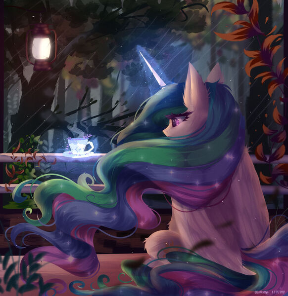 Size: 1280x1320 | Tagged: safe, artist:justkattyo, derpibooru import, princess celestia, alicorn, pony, cup, female, forest, image, jpeg, lamp, magic, mare, night, rear view, sitting, solo, teacup, telekinesis, tree