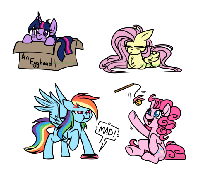 Size: 2555x2200 | Tagged: safe, artist:greenmaneheart, derpibooru import, fluttershy, pinkie pie, rainbow dash, twilight sparkle, pony, box, chibi, image, lying down, png, pony in a box, ponyloaf, prone, simple background, transparent background