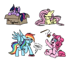 Size: 2555x2200 | Tagged: safe, artist:greenmaneheart, derpibooru import, fluttershy, pinkie pie, rainbow dash, twilight sparkle, pony, box, chibi, image, lying down, png, pony in a box, ponyloaf, prone, simple background, transparent background