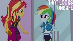 Size: 1280x720 | Tagged: safe, derpibooru import, edit, edited screencap, editor:quoterific, screencap, rainbow dash, sunset shimmer, a fine line, equestria girls, equestria girls series, clothes, cutie mark, cutie mark on clothes, duo, duo female, female, geode of super speed, hands on hip, hoodie, image, jacket, jewelry, jpeg, leather, leather jacket, magical geodes, mobile phone, necklace, phone, smartphone, smiling