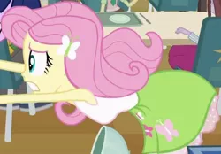 Size: 692x482 | Tagged: safe, derpibooru import, screencap, fluttershy, equestria girls, equestria girls (movie), armpits, bend over, breasts, busty fluttershy, cropped, hairpin, image, jpeg, makeup