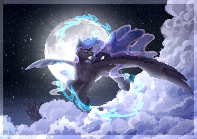 Size: 5788x4093 | Tagged: safe, artist:artistgenepal, derpibooru import, princess luna, alicorn, pony, absurd resolution, cloud, eyes closed, female, flying, full moon, glowing horn, horn, image, majestic, mare, moon, open mouth, png, solo, spread wings, unshorn fetlocks, wings