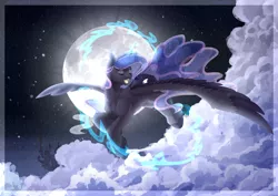 Size: 5788x4093 | Tagged: safe, artist:artistgenepal, derpibooru import, princess luna, alicorn, pony, absurd resolution, cloud, eyes closed, female, flying, full moon, glowing horn, horn, image, majestic, mare, moon, open mouth, png, solo, spread wings, unshorn fetlocks, wings