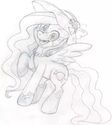 Size: 1185x1321 | Tagged: safe, artist:scittykitty, derpibooru import, oc, oc:seafoam, unofficial characters only, pegasus, pony, :d, hat, image, jewelry, lineart, monochrome, necklace, pearl necklace, pegasus oc, png, raised hoof, sun hat, traditional art, wings