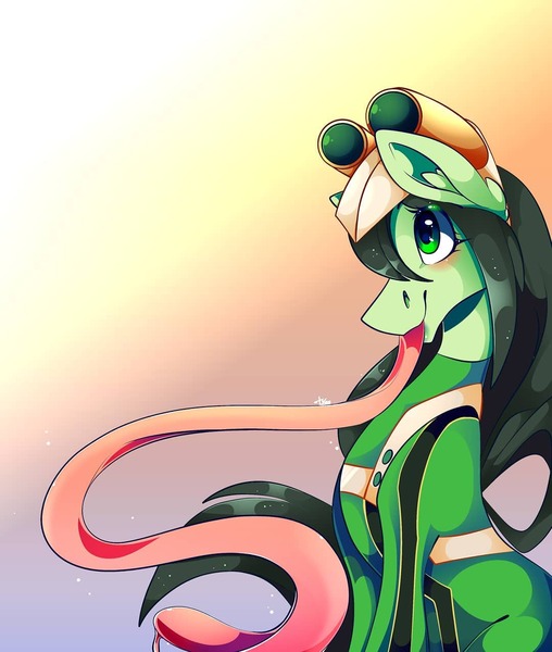 Size: 1080x1275 | Tagged: safe, artist:tessa_key_, derpibooru import, ponified, earth pony, pony, abstract background, clothes, female, goggles, image, jpeg, mare, my hero academia, prehensile tongue, smiling, solo, tongue out, tsuyu asui