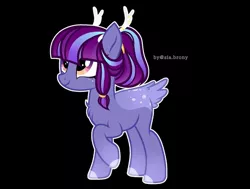 Size: 1080x817 | Tagged: safe, artist:sia.brony, derpibooru import, oc, unofficial characters only, deer, deer pony, original species, pony, antlers, black background, chest fluff, colored hooves, image, jpeg, looking up, raised hoof, simple background