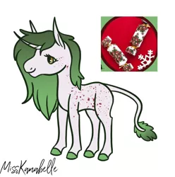 Size: 810x816 | Tagged: safe, artist:misskanabelle, derpibooru import, oc, unofficial characters only, pony, unicorn, christmas cracker, colored hooves, curved horn, female, horn, image, leonine tail, mare, png, signature, simple background, unicorn oc, white background