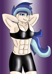 Size: 2480x3508 | Tagged: suggestive, artist:anthrodegenerate, derpibooru import, shining armor, human, abs, absurd resolution, arm behind head, bedroom eyes, breasts, busty gleaming shield, cleavage, clothes, compression shorts, female, gleaming shield, high res, humanized, image, muscles, muscular female, png, rule 63, sexy armor, simple background, solo, solo female, sports bra, updated, workout outfit