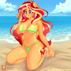 Size: 2000x2000 | Tagged: suggestive, artist:xjenn9, derpibooru import, sunset shimmer, equestria girls, breasts, busty sunset shimmer, clothes, commission, food, ice cream, image, png, solo, swimsuit, ych example, ych result, your character here