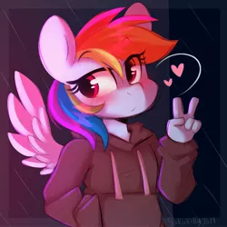 Size: 3000x3000 | Tagged: safe, artist:sakukitty, derpibooru import, rainbow dash, anthro, pegasus, blushing, clothes, heart, hoodie, image, jpeg, peace sign, rain, solo, spread wings, wings