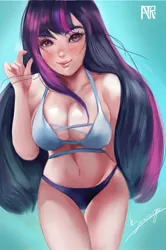 Size: 1525x2298 | Tagged: safe, artist:bunsogen, derpibooru import, edit, twilight sparkle, human, breasts, busty twilight sparkle, clothes, creepy, humanized, image, jpeg, looking at you, swimsuit, trace