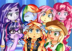 Size: 1023x724 | Tagged: safe, artist:araiiara123, derpibooru import, applejack, fluttershy, pinkie pie, rainbow dash, rarity, sci-twi, sunset shimmer, twilight sparkle, equestria girls, image, jpeg