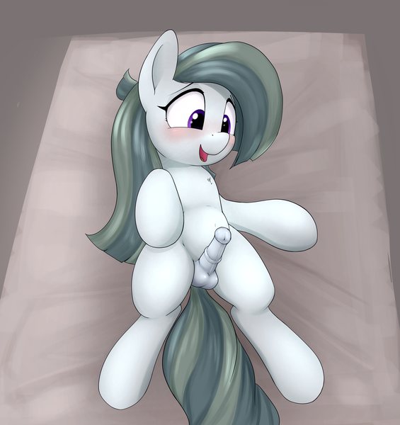 Size: 2883x3062 | Tagged: explicit, artist:whiskeypanda, derpibooru import, marble pie, pony, bed, blushing, erection, eyes on the prize, futa, futa marble pie, happy, horsecock, image, intersex, lying down, nudity, on back, open mouth, penis, png, reasonably sized genitals, reasonably sized penis, sheet, simple background, solo