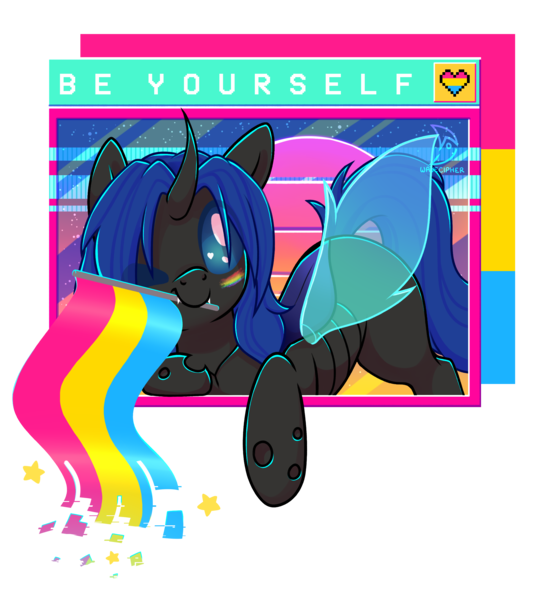 Size: 2448x2644 | Tagged: safe, artist:musicfirewind, derpibooru import, part of a set, oc, oc:swift dawn, unofficial characters only, changeling, pony, blue changeling, blue eyes, changeling oc, commission, eyebrows, eyebrows visible through hair, face paint, flag, horn, image, looking at you, male, microsoft, pansexual pride flag, png, pride, pride flag, signature, simple background, solo, stallion, transparent background, vaporwave, watermark, windows, windows 98, wingding eyes, wingdings, wings, ych result