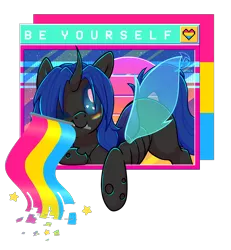 Size: 2448x2644 | Tagged: safe, artist:musicfirewind, derpibooru import, part of a set, oc, oc:swift dawn, unofficial characters only, changeling, pony, blue changeling, blue eyes, changeling oc, commission, eyebrows, eyebrows visible through hair, face paint, flag, horn, image, looking at you, male, microsoft, pansexual pride flag, png, pride, pride flag, signature, simple background, solo, stallion, transparent background, vaporwave, watermark, windows, windows 98, wingding eyes, wingdings, wings, ych result