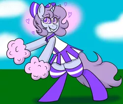 Size: 2048x1731 | Tagged: safe, artist:askhypnoswirl, derpibooru import, oc, oc:swirly daze, unofficial characters only, pony, unicorn, bow, cheerleader, cheerleader outfit, clothes, cloud, cute, eye clipping through hair, eyebrows, eyebrows visible through hair, female, floating, hair bow, hypnosis, image, mare, png, pom pom, simple background, skirt, smiling, socks, solo, swirly eyes