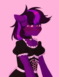 Size: 1371x1793 | Tagged: safe, artist:kasikomi, derpibooru import, oc, oc:kioshka, unofficial characters only, pony, semi-anthro, clothes, collar, dress, embarrassed, femboy, gay, image, looking at you, maid, male, png, shy, simple background, solo
