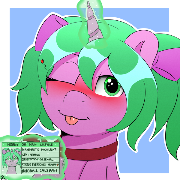 Size: 2000x2000 | Tagged: suggestive, artist:h3nger, derpibooru import, oc, oc:magicalmysticva, pony, unicorn, blushing, cute, female, funny, green eyes, horny, horny on main, image, license, magic, mare, meme, pigtails, pink coat, png, solo, tongue out, twintails