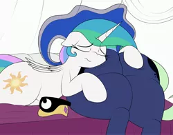 Size: 4096x3214 | Tagged: suggestive, artist:blitzyflair, derpibooru import, princess celestia, princess luna, alicorn, pony, :s, bed, both cutie marks, butt, butt pillow, butt touch, butthug, eyes closed, faceless female, fat, female, females only, floppy ears, hug, image, jpeg, lying down, mare, moonbutt, offscreen character, peytral, plot, rear view, royal sisters, siblings, sisters, wavy mouth, wide hips