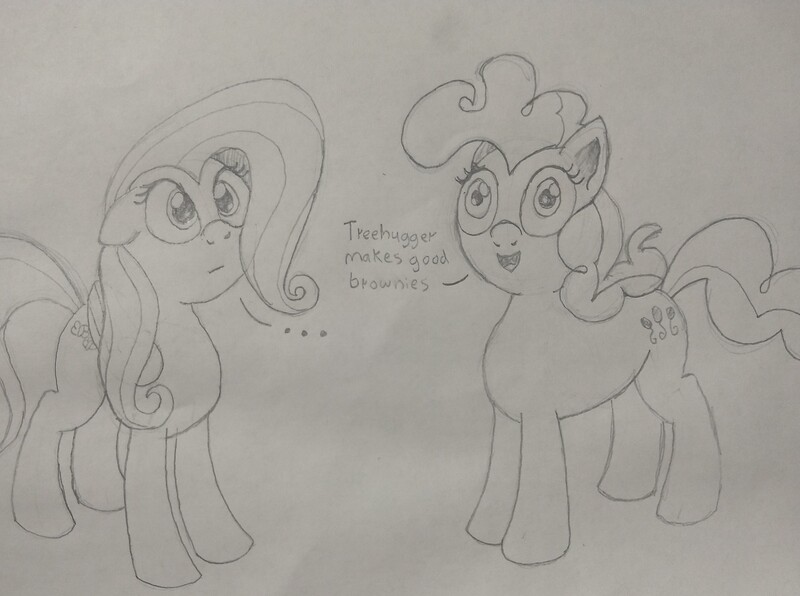 Size: 3573x2661 | Tagged: safe, artist:pony-thunder, derpibooru import, fluttershy, pinkie pie, pony, atg 2021, image, implied drug use, implied tree hugger, jpeg, monochrome, newbie artist training grounds, solo, traditional art