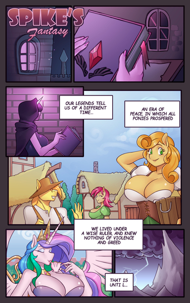 Size: 2504x4000 | Tagged: safe, artist:nauth, derpibooru import, carrot top, golden harvest, princess celestia, twilight sparkle, anthro, big breasts, breasts, comic, flower, image, jpeg, patreon, patreon reward, rose, sexy, spike's fantasy, story