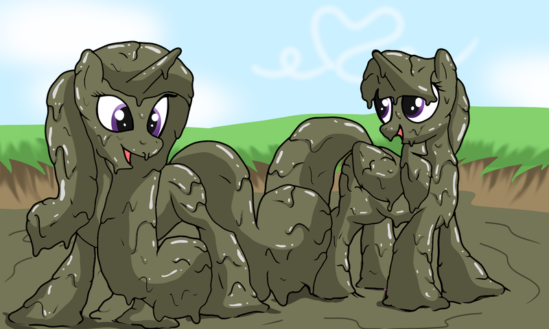 Size: 2000x1200 | Tagged: safe, artist:amateur-draw, derpibooru import, princess cadance, twilight sparkle, twilight sparkle (alicorn), alicorn, pony, covered in mud, female, image, mare, mud, mud bath, mud play, mud pony, muddy, png, wet and messy