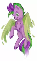 Size: 850x1400 | Tagged: safe, artist:funkyfurs, derpibooru import, spike, ponified, pegasus, pony, colored hooves, flying, image, jpeg, male, open mouth, open smile, ponified spike, pony named spike, simple background, smiling, solo, species swap, spread wings, white background, wings