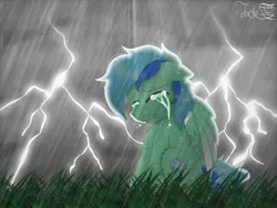 Size: 2000x1500 | Tagged: safe, artist:jadebreeze115, derpibooru import, oc, oc:jade breeze, unofficial characters only, pegasus, pony, colored wings, crying, depressed, ethereal mane, eyes closed, gradient wings, grass, image, jpeg, lightning, looking down, male, pegasus oc, rain, sad, solo, stallion, teeth, thunderstorm, wet, wet mane, wings