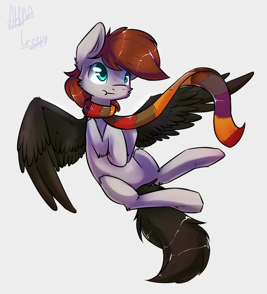 Size: 1665x1833 | Tagged: safe, artist:suplolnope, derpibooru import, oc, unofficial characters only, pegasus, pony, clothes, colored wings, female, flying, gift art, gray background, image, mare, png, scarf, scrunchy face, signature, simple background, solo, spread wings, wings