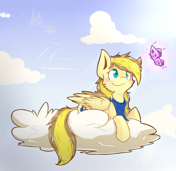 Size: 1260x1227 | Tagged: safe, artist:suplolnope, derpibooru import, oc, unofficial characters only, butterfly, insect, pegasus, pony, bandana, blushing, cloud, female, image, lying down, mare, paint tool sai, png, sky, smiling, solo
