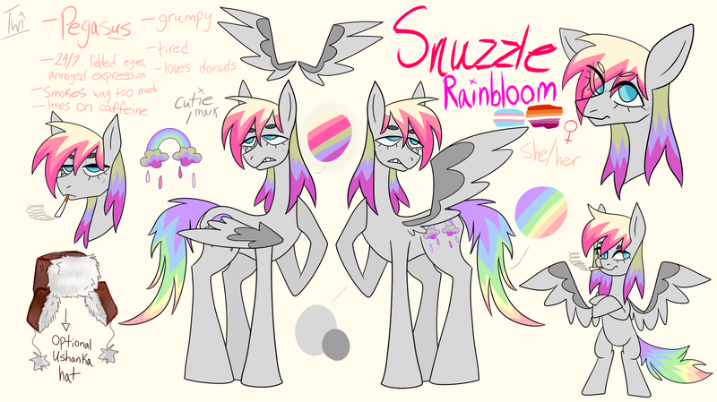 Size: 1800x1010 | Tagged: safe, artist:junko, derpibooru import, oc, oc:snuzzle rainbloom, unofficial characters only, pegasus, pony, annoyed, blue eyes, cigarette, female, hat, image, lidded eyes, mare, png, pride flag, rainbow, reference sheet, simple background, smoking, solo, standing, ushanka, yellow background