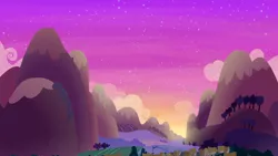 Size: 1280x720 | Tagged: safe, derpibooru import, screencap, dungeons and discords, background, cloud, image, mountain, no pony, png, ponyville, scenic ponyville, sunset, tree