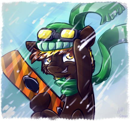 Size: 434x407 | Tagged: safe, artist:suplolnope, derpibooru import, oc, unofficial characters only, pony, bust, clothes, goggles, hat, image, jpeg, looking at you, scarf, signature, snow, snowboard, snowfall, winter