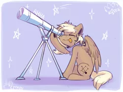 Size: 892x667 | Tagged: safe, artist:suplolnope, derpibooru import, oc, unofficial characters only, pegasus, pony, image, one eye closed, png, signature, sitting, solo, spread wings, stargazing, telescope, tongue out, wings