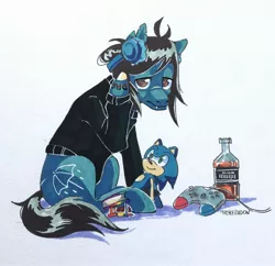 Size: 2266x2192 | Tagged: safe, artist:merrindon, derpibooru import, oc, ponified, ponified:oliver sykes, earth pony, pony, undead, zombie, zombie pony, alcohol, blood, bone, bottle, bring me the horizon, clothes, commission, controller, fangs, frown, headphones, image, jpeg, long sleeves, male, plushie, rainbow blood, raised hoof, scar, shirt, signature, simple background, sitting, solo, sonic the hedgehog, sonic the hedgehog (series), stallion, stitches, tattoo, torn ear, traditional art, white background