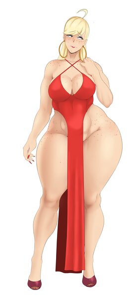 Size: 1800x4096 | Tagged: suggestive, artist:sundown, derpibooru import, applejack, human, applebucking thighs, applebutt, applejacked, ass, breasts, butt, clothes, colored, dress, ear piercing, earring, eyelashes, eyeshadow, female, freckles, front view, high heels, huge butt, humanized, image, jacqueline applebuck, jewelry, jpeg, large butt, lips, lipstick, long nails, looking away, makeup, muscles, muscular female, nails, piercing, red dress, red lipstick, red nail polish, sexy, shoes, shy, simple background, solo, solo female, standing, sweat, thighs, thunder thighs, white background, wide hips