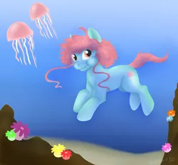 Size: 1500x1391 | Tagged: safe, artist:mangojax, derpibooru import, oc, unofficial characters only, earth pony, jellyfish, pony, contest, crepuscular rays, flower, holding breath, image, ocean, orange eyes, png, signature, solo, sunlight, underwater, water