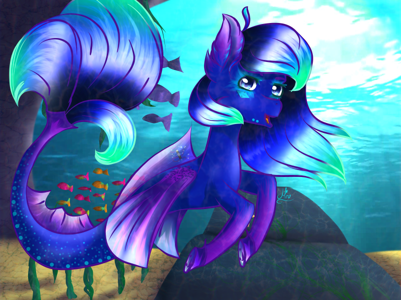 Size: 800x600 | Tagged: safe, artist:miracrystalsketch, derpibooru import, oc, unofficial characters only, fish, merpony, pegasus, pony, seapony (g4), blue mane, blue tail, dorsal fin, ear fluff, eyelashes, female, fin wings, fins, flowing mane, flowing tail, image, looking at you, ocean, open mouth, png, rock, seaponified, seaweed, smiling, solo, species swap, sunlight, swimming, tail, underwater, water, wings