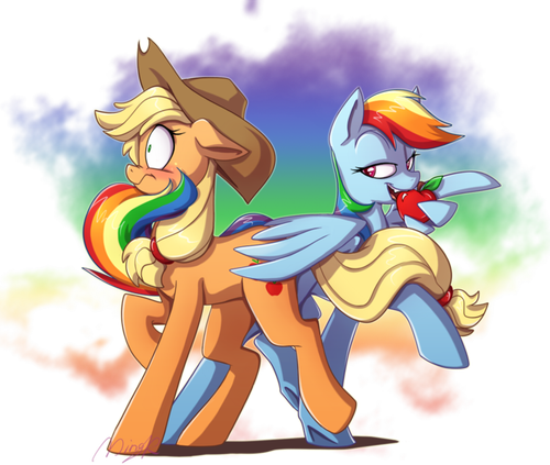 Size: 500x423 | Tagged: safe, artist:mingraine, derpibooru import, applejack, rainbow dash, earth pony, pegasus, pony, apple, appledash, bedroom eyes, blushing, butt touch, feathermarking, female, flirting, floppy ears, food, hat, image, lesbian, mare, never doubt tchernobog's involvement, png, shipping, tail seduce, wing hands, wings