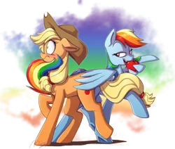 Size: 500x423 | Tagged: safe, artist:mingraine, derpibooru import, applejack, rainbow dash, earth pony, pegasus, pony, apple, appledash, bedroom eyes, blushing, butt touch, feathermarking, female, flirting, floppy ears, food, hat, image, lesbian, mare, never doubt tchernobog's involvement, png, shipping, tail seduce, wing hands, wings