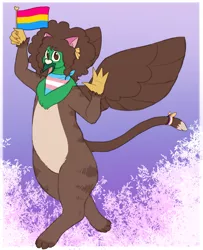 Size: 1563x1926 | Tagged: safe, artist:greenarsonist, derpibooru import, oc, oc:frizz, unofficial characters only, gryphon, bandana, bow, catboy, cat ears, chubby, flag, fluffy hair, griffon oc, image, looking at you, male, nonbinary, nonbinary pride flag, pansexual, pansexual pride flag, png, pride, pride flag, smiling, smiling at you, solo, transgender, transgender pride flag, trans male, wings