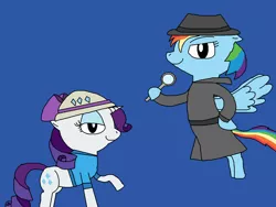 Size: 1700x1275 | Tagged: safe, artist:blazewing, derpibooru import, rainbow dash, rarity, pegasus, pony, unicorn, atg 2021, bow, clothes, colored background, detective, diamonds, drawpile, explorer, fedora, female, flying, hat, hoof on hip, image, magnifying glass, mare, newbie artist training grounds, pith helmet, png, raised hoof, shirt, smiling, trenchcoat