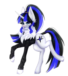Size: 3864x4320 | Tagged: safe, artist:elektra-gertly, derpibooru import, oc, oc:coldlight bluestar, pony, unicorn, bedroom eyes, clothes, collar, cutie mark, eyeshadow, female, image, jacket, jewelry, leather, leather jacket, lipstick, looking at you, makeup, mare, png, ponytail, pose, posing for photo, simple background, solo, tail wrap, tiara, transparent background, walking