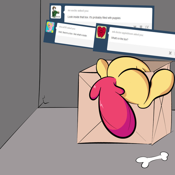 Size: 1280x1280 | Tagged: safe, artist:turtlefarminguy, derpibooru import, apple bloom, pony, bone, box, female, filly, image, jpeg, solo, tumblr