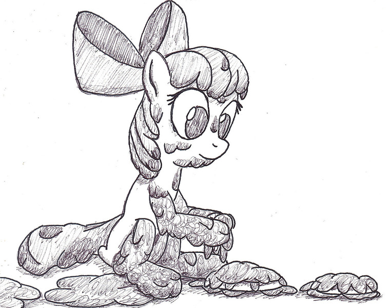 Size: 1280x1010 | Tagged: safe, artist:runeroonz, derpibooru import, apple bloom, pony, female, filly, filthy, image, inktober 2017, jpeg, mud, solo