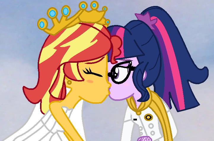 Size: 722x474 | Tagged: safe, artist:jadethepegasus, derpibooru import, sci-twi, sunset shimmer, twilight sparkle, fanfic, fanfic:sunset shimmer discovers her feet, equestria girls, clothes, crossover, crown, dress, duo, duo female, fanfic art, female, happy, happy ending, image, jewelry, kissing, lesbian, marriage, married couple, png, regalia, scitwishimmer, shipping, stars, sunsetsparkle, the little mermaid, wedding, wedding dress