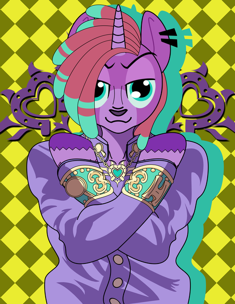 Size: 3000x3883 | Tagged: safe, derpibooru import, oc, oc:piropie, unofficial characters only, anthro, unicorn, clothes, image, jojo pose, jojo's bizarre adventure, josuke higashikata, png, simple background