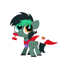 Size: 1000x1000 | Tagged: safe, artist:sugar morning, derpibooru import, oc, oc:target strike, unofficial characters only, pegasus, pony, animated, bandana, cape, clothes, ear piercing, earring, flag, gif, heterochromia, holding, holding a flag, image, jewelry, male, mouth hold, peru, piercing, simple background, solo, transparent background
