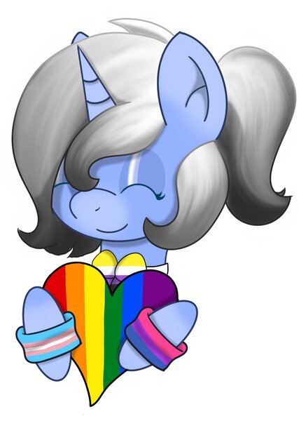 Size: 1136x1597 | Tagged: safe, artist:orbitingdamoon, derpibooru import, oc, pony, unicorn, bisexual pride flag, bowtie, gay pride, gradient mane, image, jpeg, lunar orbit, nonbinary pride flag, pride, pride flag, pride month, smiling, solo, transexual pride flag