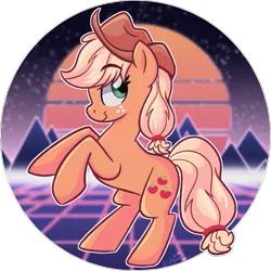 Size: 959x959 | Tagged: safe, artist:binkyt11, derpibooru import, applejack, earth pony, pony, female, freckles, hair tie, image, mare, natg 2021, newbie artist training grounds, png, rearing, solo, synthwave